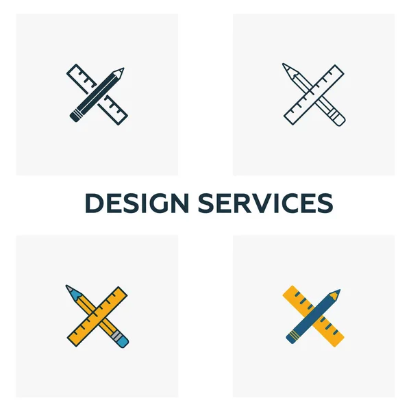 Design Services ikon készlet. Négy elem különböző stílusok design ui és ux ikonok gyűjtemény. Kreatív tervezési szolgáltatások ikonok kitöltött, körvonalazott, színes és lapos szimbólumok — Stock Vector