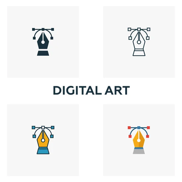 Set di icone dell'arte digitale. Quattro elementi in stili diversi dalla collezione di icone di design ui e ux. Icone creative di arte digitale riempite, contorno, simboli colorati e piatti — Vettoriale Stock