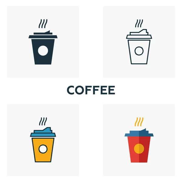 コーヒーアイコンセット。ファーストフードのアイコンコレクションから異なるスタイルの4つの要素。クリエイティブコーヒーアイコン、輪郭、色、フラットシンボル — ストックベクタ