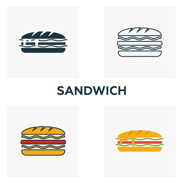 サンドイッチのアイコンセット。ファーストフードのアイコンコレクションから異なるスタイルの4つの要素。フルクリエイティブサンドイッチアイコン、アウトライン、色とフラットシンボル — ストックベクタ