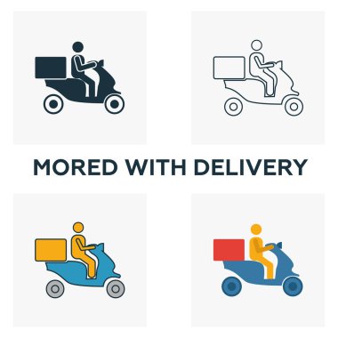 Moped Food Dağıtım ikonu seti. Fast food ikonları koleksiyonundan farklı stillerde dört element. Yaratıcı moped yiyecek dağıtım simgeleri doldurulmuş, ana hatları çizilmiş, renkli ve düz semboller