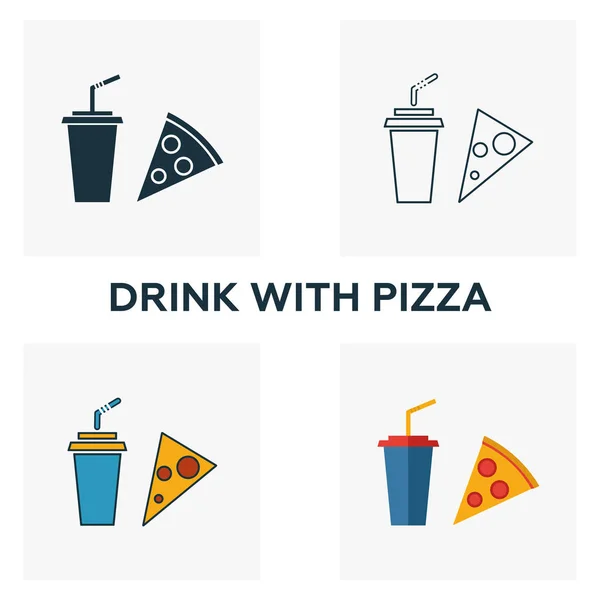 Drick med Pizza ikon set. Fyra element i olika stilar från fastfood ikoner samling. Kreativ dryck med pizza ikoner fyllda, kontur, färgade och platta symboler — Stock vektor