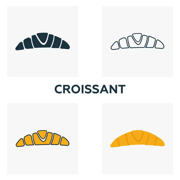 Croissant Icon Set vorhanden. vier Elemente in unterschiedlichen Stilen aus der Sammlung von Fastfood-Ikonen. Kreative Croissant-Symbole gefüllt, Umrisse, farbige und flache Symbole — Stockvektor