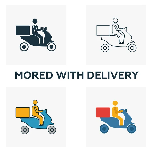 Conjunto de ícones Moped Food Delivery. Quatro elementos em estilos diferentes de coleção de ícones fastfood. Ícones de entrega de alimentos ciclomotores criativos preenchidos, esboço, símbolos coloridos e planos —  Vetores de Stock