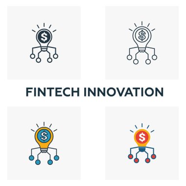 Fintech İcat ikonu seti. Fintech ikon koleksiyonundan farklı stillerde dört element. Yaratıcı fintech yenilik simgeleri doldurulmuş, ana hatlar, renkli ve düz semboller