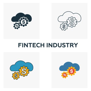 Fintech Endüstri ikonu seti. Fintech ikon koleksiyonundan farklı stillerde dört element. Yaratıcı fintech sektörü simgeleri doldurulmuş, ana hatları çizilmiş, renkli ve düz semboller