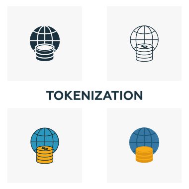 Tokenizasyon simgesi seti. Fintech ikon koleksiyonundan farklı stillerde dört element. Yaratıcı simgeler doldurulmuş, ana hatlar, renkli ve düz semboller
