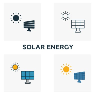 Güneş Enerjisi simgesi seti. Güç ve enerji ikonları koleksiyonundan farklı stillerde dört element. Yaratıcı güneş enerjisi simgeleri doldurulmuş, ana hatları çizilmiş, renkli ve düz semboller