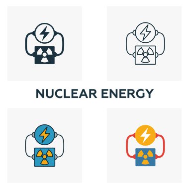 Nükleer enerji ikonu ayarlandı. Güç ve enerji ikonları koleksiyonundan farklı stillerde dört element. Yaratıcı nükleer enerji simgeleri doldurulmuş, ana hatları çizilmiş, renkli ve düz semboller
