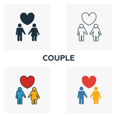 Çift simgesi seti. Balayı ikonları koleksiyonundan farklı stillerde dört element. Yaratıcı çift simgeleri doldurulmuş, ana hatlar, renkli ve düz semboller