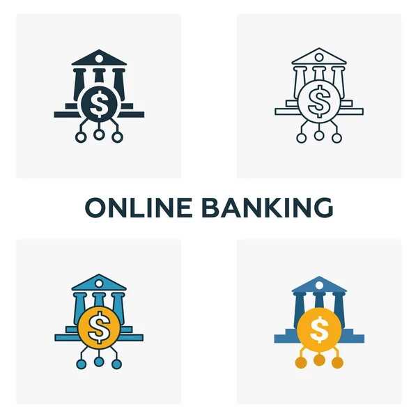 Online Banking ikon set. Fyra element i olika stilar från fintech ikoner samling. Kreativa online bank ikoner fyllda, skissera, färgade och platta symboler — Stock vektor