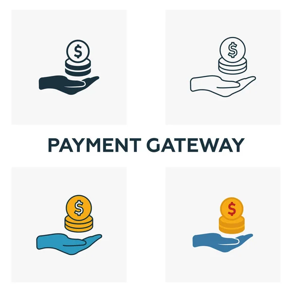 Jeu d'icônes Passerelle de paiement. Quatre éléments dans des styles différents de la collection d'icônes fintech. icônes de passerelle de paiement créatif remplis, contour, symboles colorés et plats — Image vectorielle