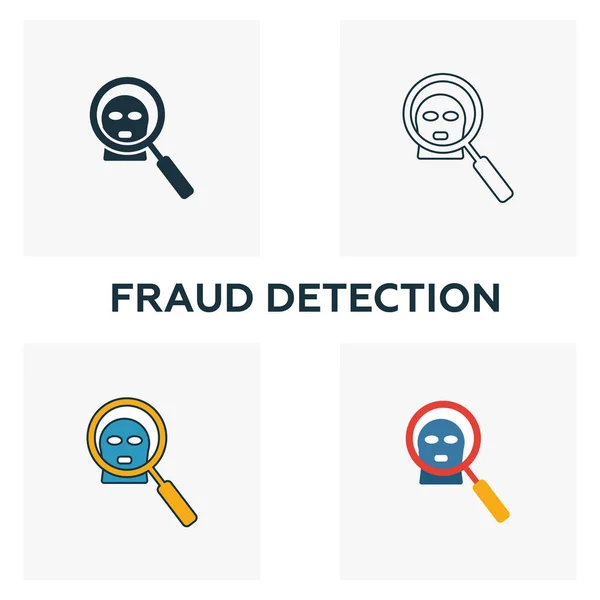 Fraud Detection icon set. Four elements in diferent styles from fintech icons collection. Creative fraud detection icons filled, outline, colored and flat symbols — 스톡 벡터