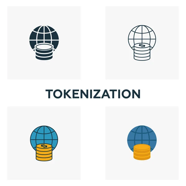 Set di icone di token. Quattro elementi in stili diversi dalla collezione di icone fintech. Icone creative di tokenizzazione riempite, contorno, simboli colorati e piatti — Vettoriale Stock