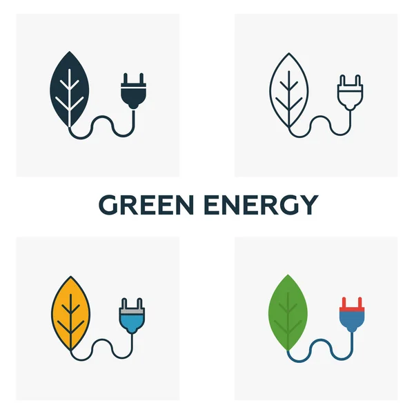 Conjunto de iconos de Energía Verde. Cuatro elementos en estilos diferentes de la colección de iconos de energía y energía. Iconos de energía verde creativos rellenos, contorno, símbolos de colores y planos — Archivo Imágenes Vectoriales