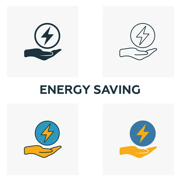 Conjunto de iconos de ahorro de energía. Cuatro elementos en estilos diferentes de la colección de iconos de energía y energía. Iconos creativos de ahorro de energía rellenos, contorno, símbolos de colores y planos — Archivo Imágenes Vectoriales