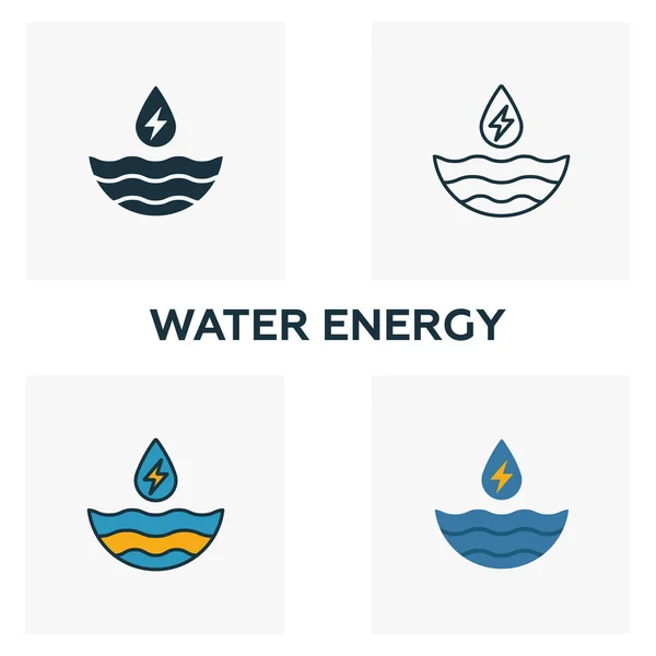 Conjunto de iconos Water Energy. Cuatro elementos en estilos diferentes de la colección de iconos de energía y energía. Iconos creativos de energía de agua llenos, contorno, símbolos de colores y planos — Vector de stock