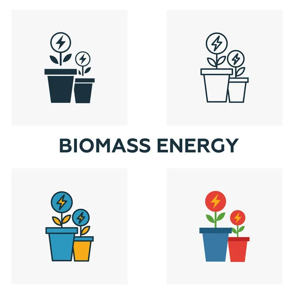 Ensemble d'icônes Biomasse Énergie. Quatre éléments dans des styles différents de la collection d'icônes de puissance et d'énergie. Icônes créatives d'énergie de biomasse remplies, contour, symboles colorés et plats — Image vectorielle