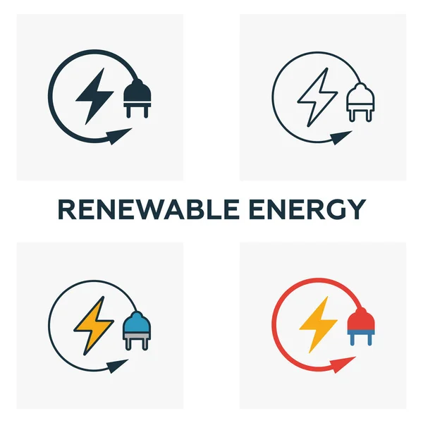 Conjunto de iconos de Energía Renovable. Cuatro elementos en estilos diferentes de la colección de iconos de energía y energía. Iconos creativos de energía renovable rellenos, contornos, colores y símbolos planos — Archivo Imágenes Vectoriales