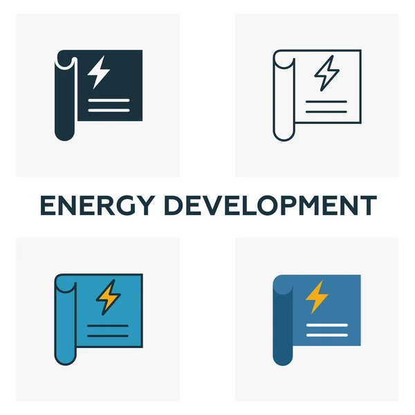 Ikona Energy Development nastavena. Čtyři prvky v různých stylech z kolekce power a energy ikon. Creative energy development icons filled, outline, colored and flat symbols — Stockový vektor