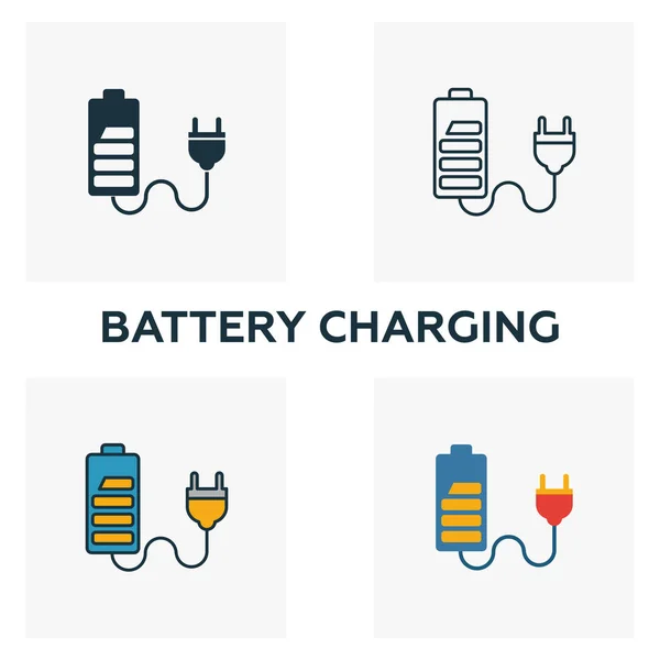 Conjunto de ícones de carregamento de bateria. Quatro elementos em estilos diferentes da coleção de ícones de energia e energia. Ícones de carregamento de bateria criativos preenchidos, esboço, símbolos coloridos e planos — Vetor de Stock