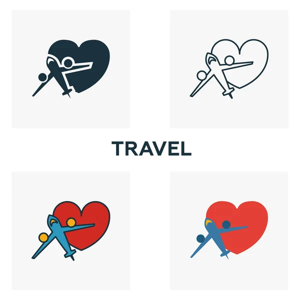 Zestaw ikon podróży. Cztery elementy w różnych stylach z kolekcji ikon miesiąca miodowego. Kreatywne ikony podróży wypełnione, zarys, kolorowe i płaskie symbole — Wektor stockowy