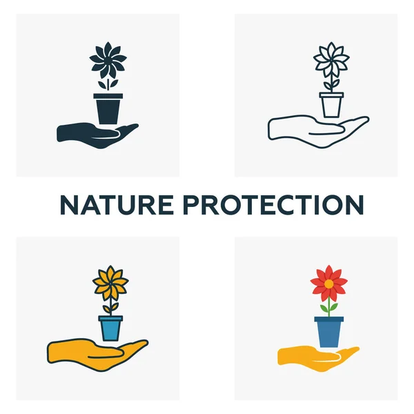 Conjunto de iconos de Protección Natural. Cuatro elementos en estilos diferentes de la colección de iconos de energía y energía. Iconos creativos de protección de la naturaleza rellenos, contorno, símbolos de colores y planos — Archivo Imágenes Vectoriales