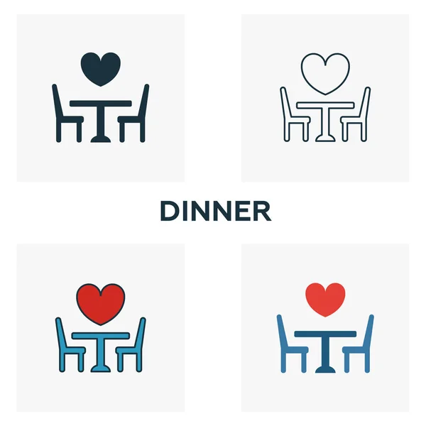 Ensemble d'icônes pour dîner. Quatre éléments dans des styles différents de la collection d'icônes lune de miel. icônes de dîner créatifs remplis, contour, symboles colorés et plats — Image vectorielle