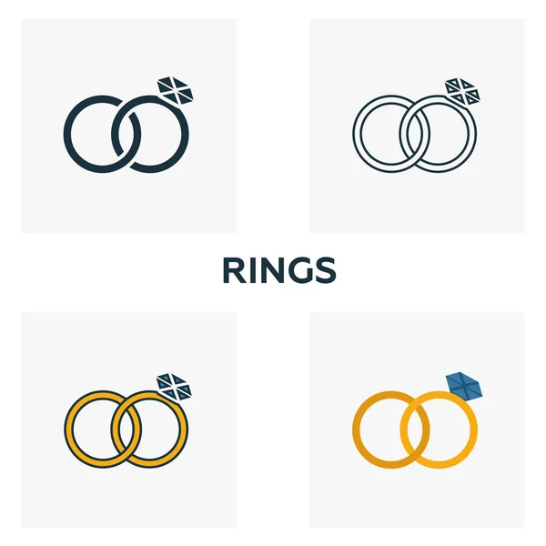 Ringe-Symbol gesetzt. vier Elemente in unterschiedlichen Stilrichtungen aus der Sammlung von Honeymoon-Ikonen. Kreative Ringe Symbole gefüllt, Umriss, farbige und flache Symbole — Stockvektor