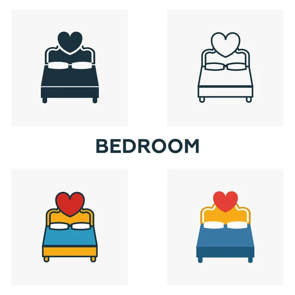 Set de iconos Badroom. Cuatro elementos en estilos diferentes de la colección de iconos de luna de miel. Iconos creativos Badroom rellenos, contorno, símbolos de colores y planos — Archivo Imágenes Vectoriales