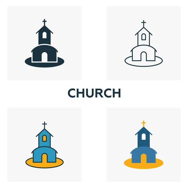 Conjunto de iconos de iglesia. Cuatro elementos en estilos diferentes de la colección de iconos de luna de miel. Iconos de la iglesia creativa llena, contorno, símbolos de colores y planos — Vector de stock