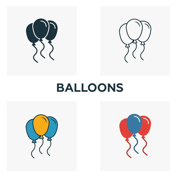 Balon simgesi seti. Balayı ikonları koleksiyonundan farklı stillerde dört element. Yaratıcı balonlar doldurulmuş, ana hatları çizilmiş, renkli ve düz semboller — Stok Vektör