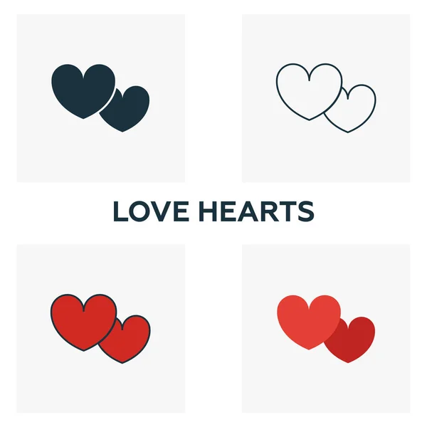 Ensemble d'icônes Love Hearts. Quatre éléments dans des styles différents de la collection d'icônes lune de miel. Cœurs d'amour créatifs icônes remplies, contour, symboles colorés et plats — Image vectorielle