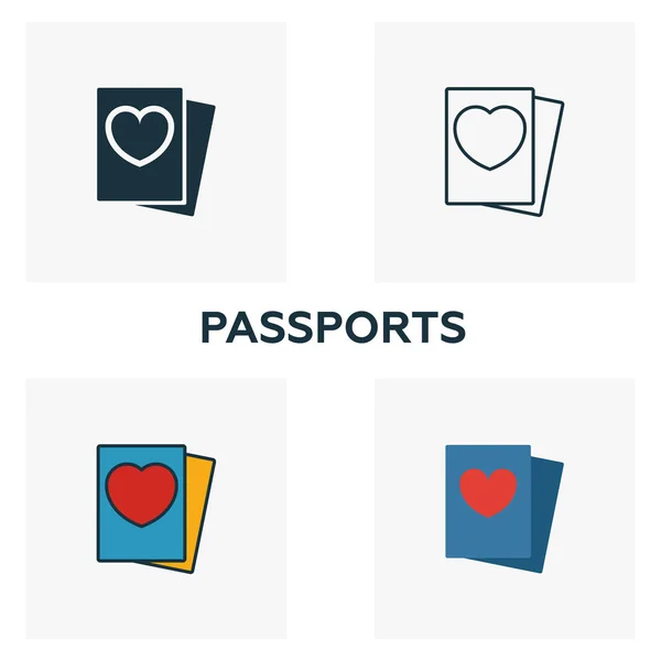 Passports icon set. Four elements in diferent styles from honeymoon icons collection. Creative passports icons filled, outline, colored and flat symbols — 스톡 벡터