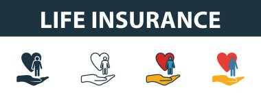 Hayat Sigortası simgesi seti. Sigorta ikonları koleksiyonundan farklı stillerde dört element. Yaratıcı hayat sigortası simgeleri doldurulmuş, ana hatları çizilmiş, renkli ve düz semboller