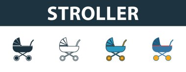 Bebek arabası simgesi seti. Bebek eşyaları koleksiyonundan farklı stillerde dört element. Yaratıcı bebek arabası simgeleri doldurulmuş, ana hatlar, renkli ve düz semboller