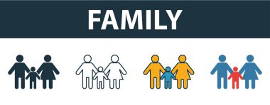 Aile simgesi seti. Bebek eşyaları koleksiyonundan farklı stillerde dört element. Yaratıcı aile simgeleri doldurulmuş, ana hatlar, renkli ve düz semboller