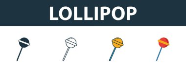 Lolipop ikonu seti. Bebek eşyaları koleksiyonundan farklı stillerde dört element. Yaratıcı lolipop simgeleri doldurulmuş, ana hatlar, renkli ve düz semboller