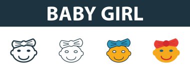 Bebek Kız ikonu seti. Bebek eşyaları koleksiyonundan farklı stillerde dört element. Yaratıcı bebek kız simgeleri doldurulmuş, ana hatları çizilmiş, renkli ve düz semboller