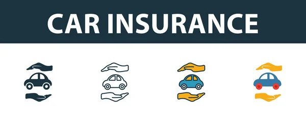 汽车保险图标设置。 与保险图标收集不同风格的四个元素。 充满创意的汽车保险图标、轮廓、彩色和扁平符号 — 图库矢量图片
