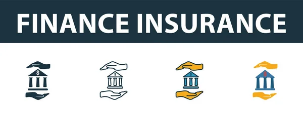 Ikona finančního pojištění nastavena. Čtyři prvky v různých stylech z kolekce ikon pojištění. Vyplněné ikony pojištění kreativního financování, obrysy, barevné a ploché symboly — Stockový vektor