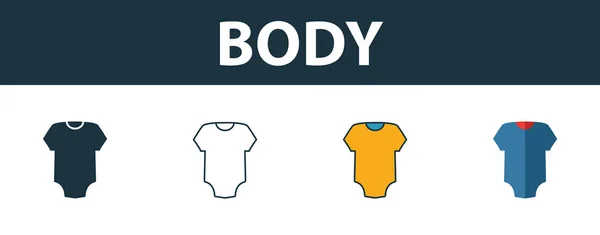 Conjunto de iconos del cuerpo. Cuatro elementos en estilos diferentes de la colección de iconos de cosas de bebé. Iconos de cuerpo creativo rellenos, contorno, símbolos de colores y planos — Archivo Imágenes Vectoriales