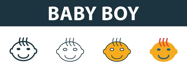 Set de iconos de Baby Boy. Cuatro elementos en estilos diferentes de la colección de iconos de cosas de bebé. Iconos creativos bebé niño lleno, contorno, símbolos de colores y planos — Archivo Imágenes Vectoriales