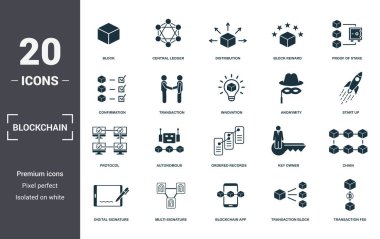 Blockchain ayar simgeleri koleksiyonu. Blok, Merkezi Genel Muhasebe, Dağıtım, Blok Ödülü, Hisse Kanıtı, Özerk ve Sıralı Kayıtlar prim simgeleri gibi basit öğeleri içerir