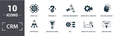 Crm simgesi hazır. Düz makine öğrenimi, pazarlama otomasyonu, tahmin analitiği, olasılık, şemsiye, sunucu simgeleri içeriyor. Düzenlenebilir biçim