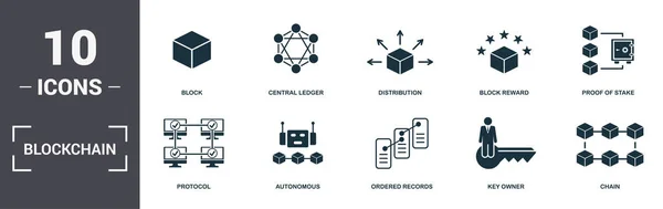 ブロックチェーンセットアイコンコレクション。ブロック、中央元帳、流通、ブロック報酬、ステークの証明、自律および注文レコードプレミアムアイコンなどの単純な要素が含まれています — ストック写真