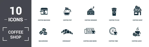 Coffe Shop set colección de iconos. Incluye elementos simples como máquina de café, cafetera, molinillo de café, café para llevar, cafetería, croissant e iconos premium de café y noticias — Foto de Stock