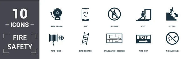 Fire Safety icon set. Contain filled flat 911, fire escape, no fire, fire exit, exit, no smoking icons. Editable format
