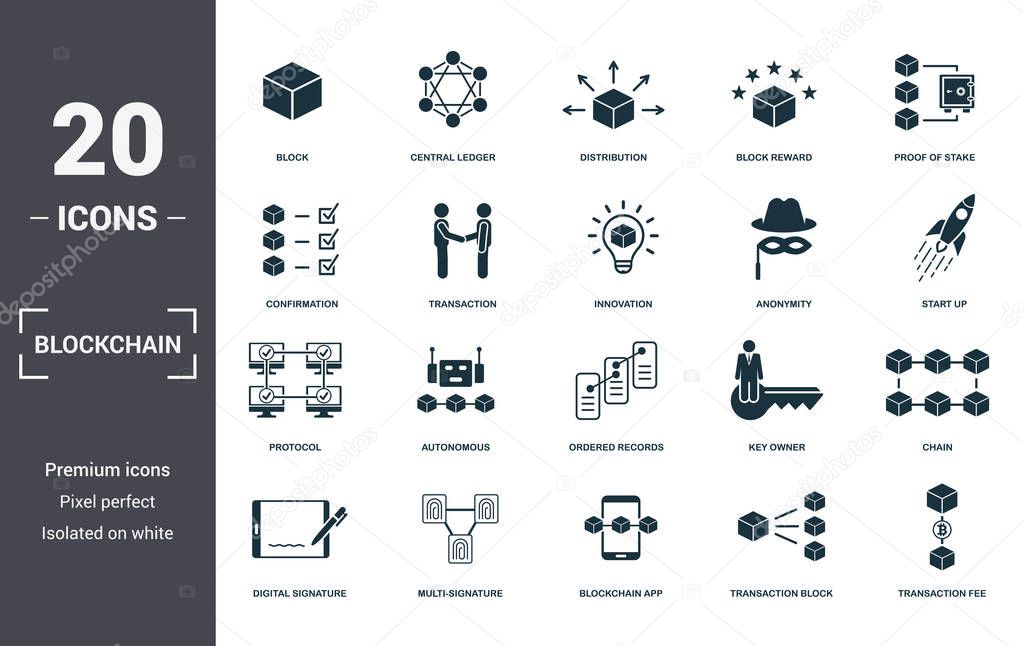 Blockchain set icons collection. Includes simple elements such as Block, Central Ledger, Distribution, Block Reward, Proof Of Stake, Autonomous and Ordered Records premium icons