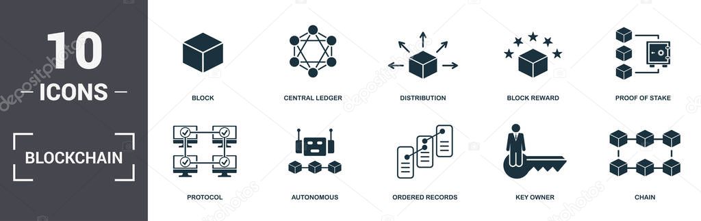 Blockchain set icons collection. Includes simple elements such as Block, Central Ledger, Distribution, Block Reward, Proof Of Stake, Autonomous and Ordered Records premium icons